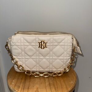 Chic Cream Quilted Wristlet with Gold Chain
